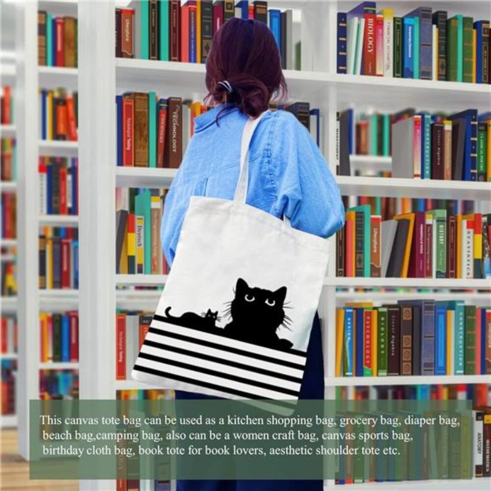 Canvas Tote Bag for Women Aesthetic Cute Cat Shopping Grocery Reusable Bag - Picture 3 of 6